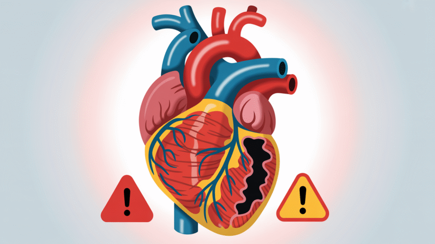 Ilustrasi penyakit jantung dengan gambar jantung manusia dan simbol peringatan
