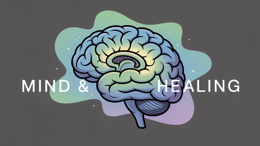 Ilustrasi penyakit skizofrenia dengan gambar otak dan simbol kesehatan mental