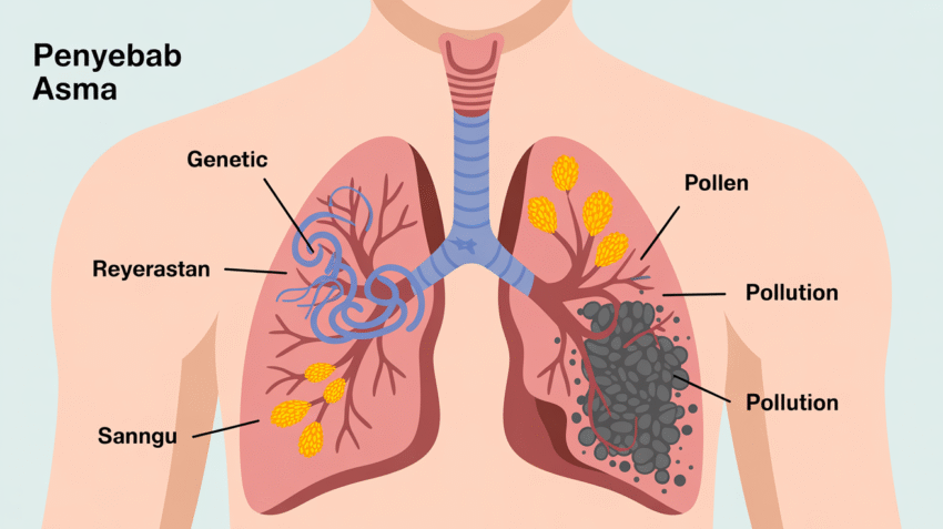 Ilustrasi penyebab asma menunjukkan faktor genetik dan lingkungan