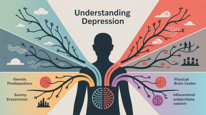 Ilustrasi yang menggambarkan penyebab depresi, dengan fokus pada faktor-faktor psikologis dan lingkungan