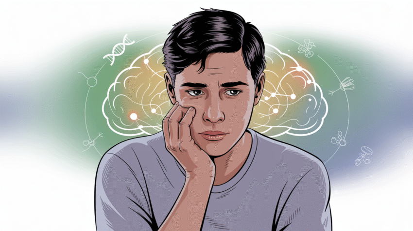 Ilustrasi seseorang mengalami gangguan kecemasan dengan latar belakang otak dan simbol stres