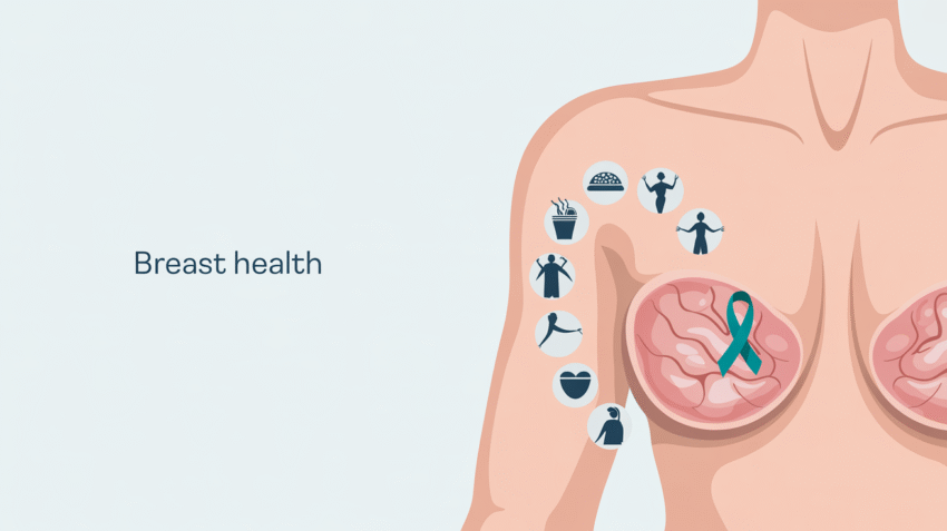 Ilustrasi penyebab dan pencegahan kanker payudara dengan gambar simbolis payudara dan simbol kesehatan