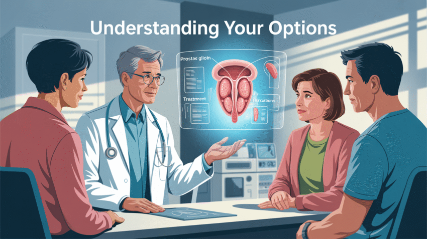 Ilustrasi perawatan kanker prostat dengan dokter dan pasien