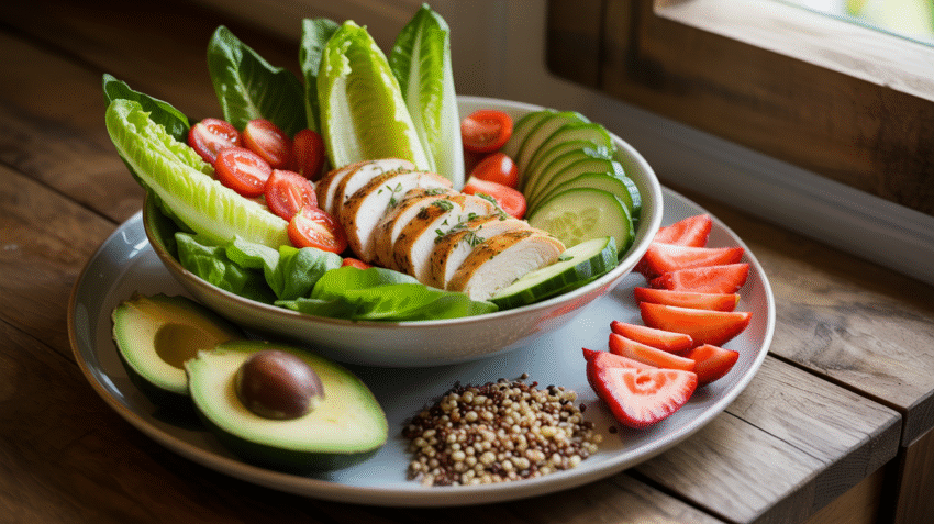 Ilustrasi pola diet sehat dengan berbagai makanan bergizi seimbang