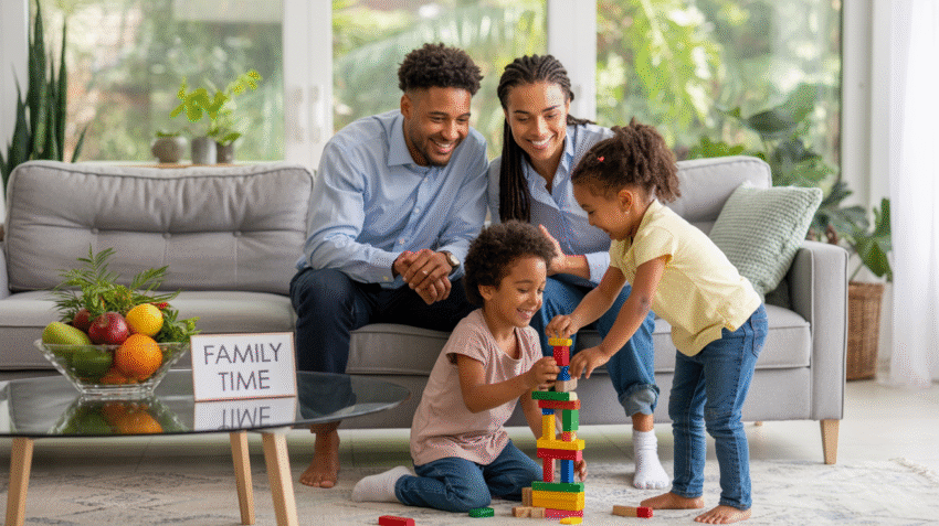 Ilustrasi pola hidup bersih dan sehat dengan keluarga bahagia di lingkungan yang bersih