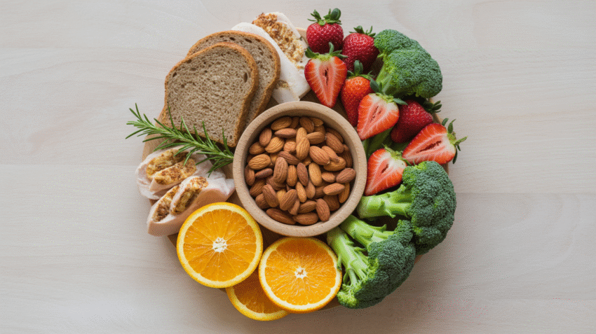 Ilustrasi pola makan diet sehat dengan berbagai makanan bergizi seimbang