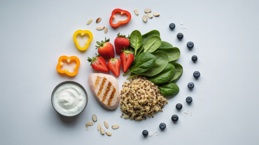 Ilustrasi pola makan sehat bergizi dan seimbang dengan berbagai makanan segar