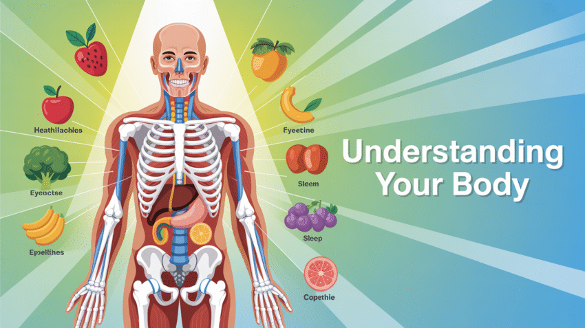 Contoh poster kesehatan tubuh dengan ilustrasi organ manusia dan tips hidup sehat
