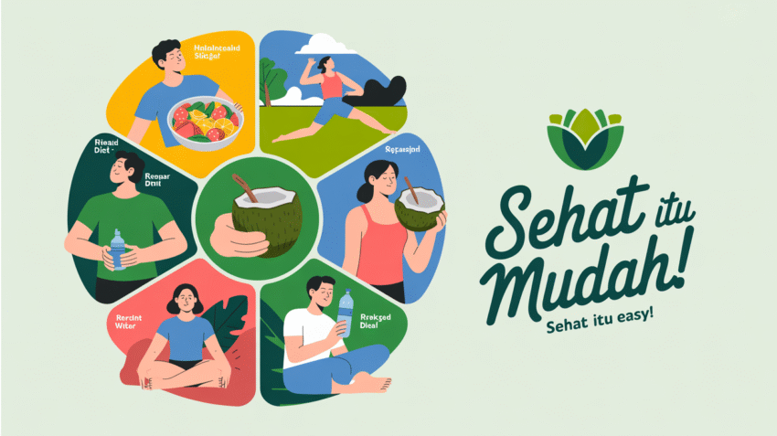 Poster menjaga kesehatan tubuh dengan ilustrasi gaya hidup sehat