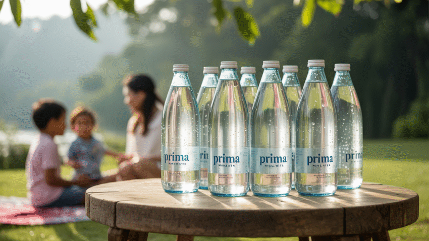 Botol Prima Air Mineral dengan latar belakang keluarga sehat