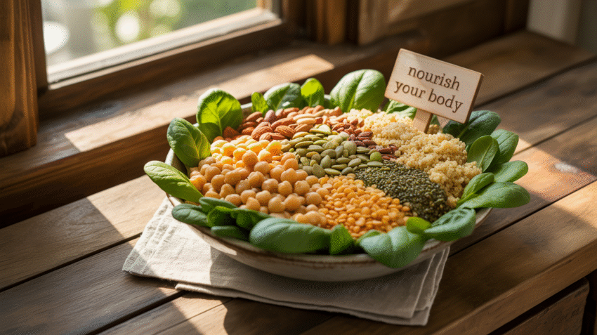 Berbagai sumber protein nabati seperti kacang-kacangan, biji-bijian, dan sayuran hijau yang disusun menarik