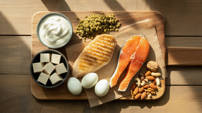 Koleksi berbagai makanan sumber protein tinggi seperti daging, ikan, telur, kacang-kacangan, dan produk susu