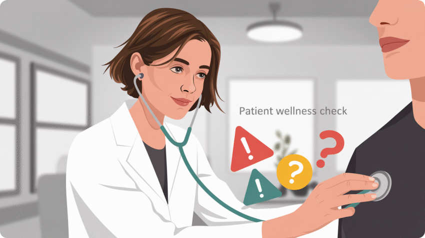 Ilustrasi wanita memeriksa kesehatan dengan stetoskop dan gejala gangguan kesehatan