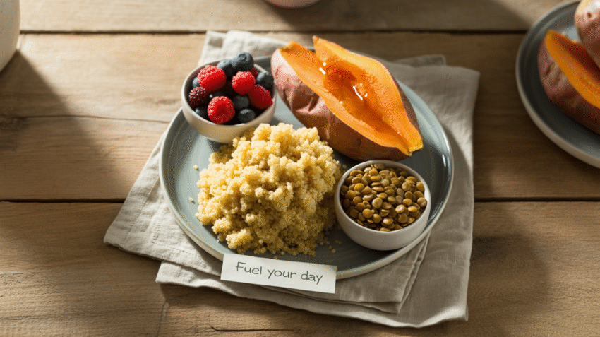 Berbagai jenis makanan sumber karbohidrat sehat seperti nasi, roti gandum, kentang, dan buah-buahan