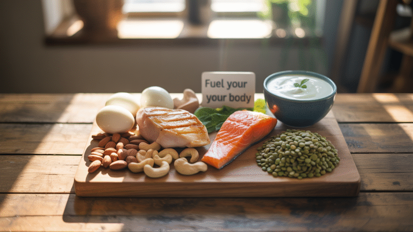 Berbagai makanan sumber protein tinggi seperti daging, telur, kacang-kacangan, dan ikan