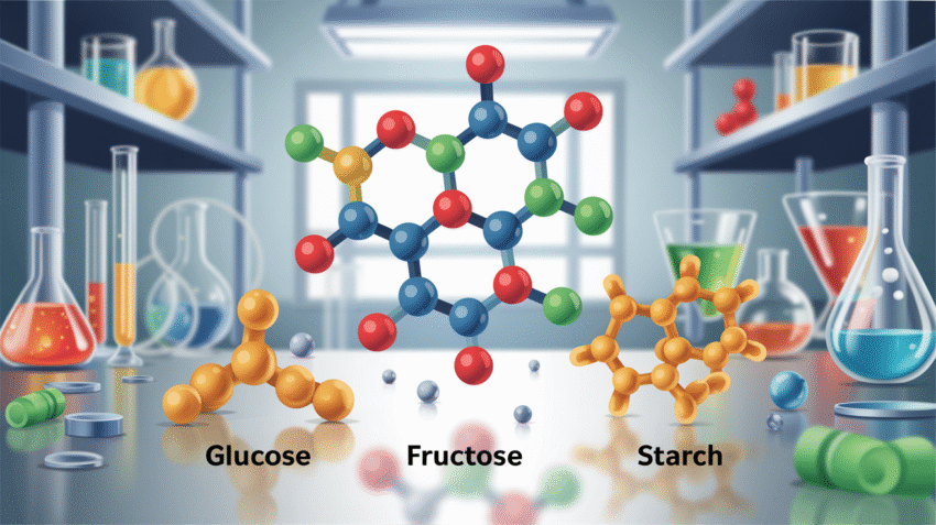 Struktur molekul senyawa karbohidrat dengan latar belakang sains