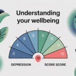 Ilustrasi skor depresi dan kesehatan mental dengan grafik dan diagram