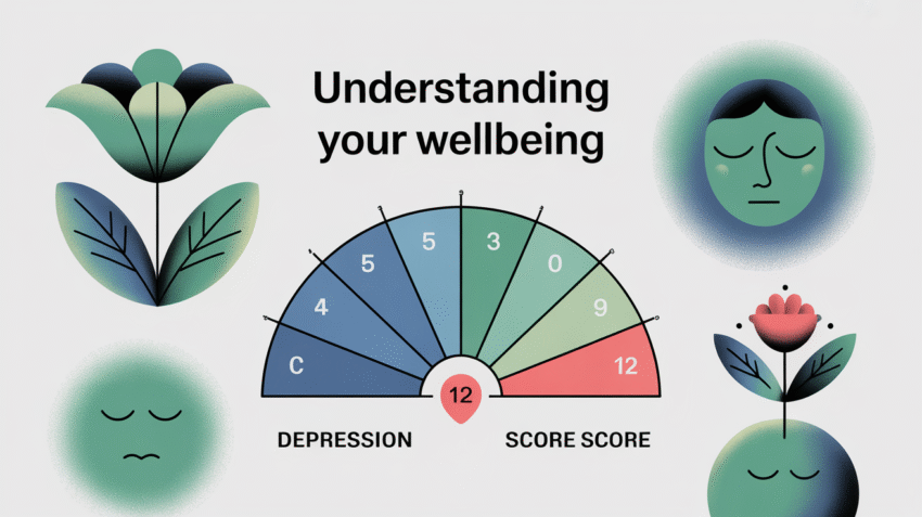 Ilustrasi skor depresi dan kesehatan mental dengan grafik dan diagram