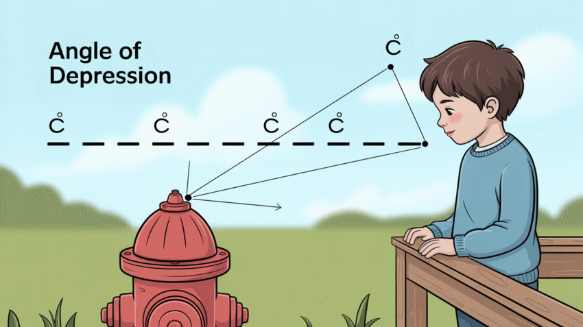 Ilustrasi sudut depresi dalam trigonometri dengan contoh pengukuran ketinggian