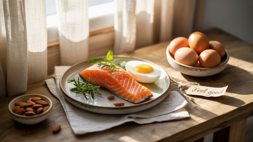 Sumber vitamin D alami seperti sinar matahari dan makanan kaya vitamin D.