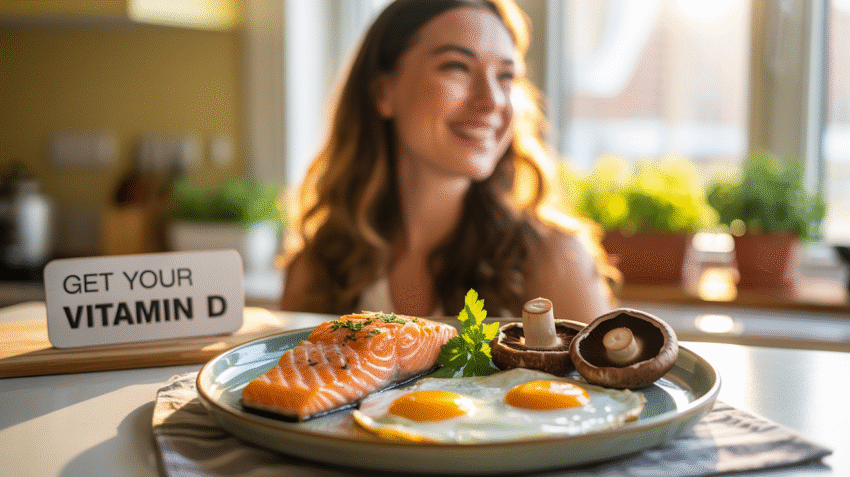 Ilustrasi sumber vitamin D dari makanan dan sinar matahari