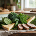 Ilustrasi makanan kaya vitamin K seperti sayuran hijau, keju, dan hati sapi.