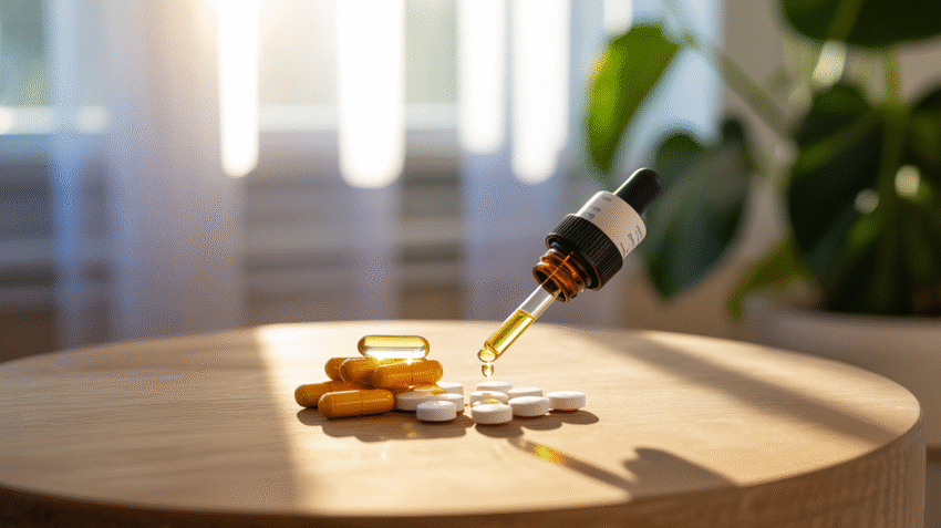 Suplemen vitamin D dalam berbagai bentuk dengan latar belakang natural