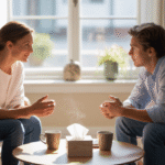 Ilustrasi tahapan konseling dengan konselor dan klien berdiskusi