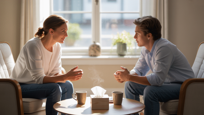 Ilustrasi tahapan konseling dengan konselor dan klien berdiskusi