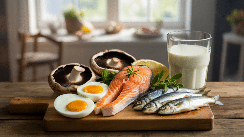 Berbagai makanan sumber vitamin D seperti ikan, telur, dan jamur