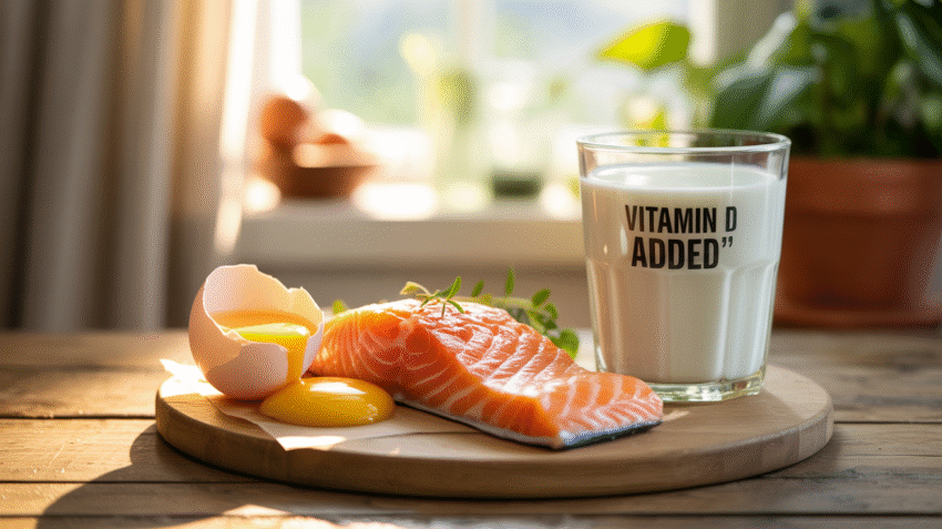 Ilustrasi makanan dan sinar matahari sebagai sumber vitamin D