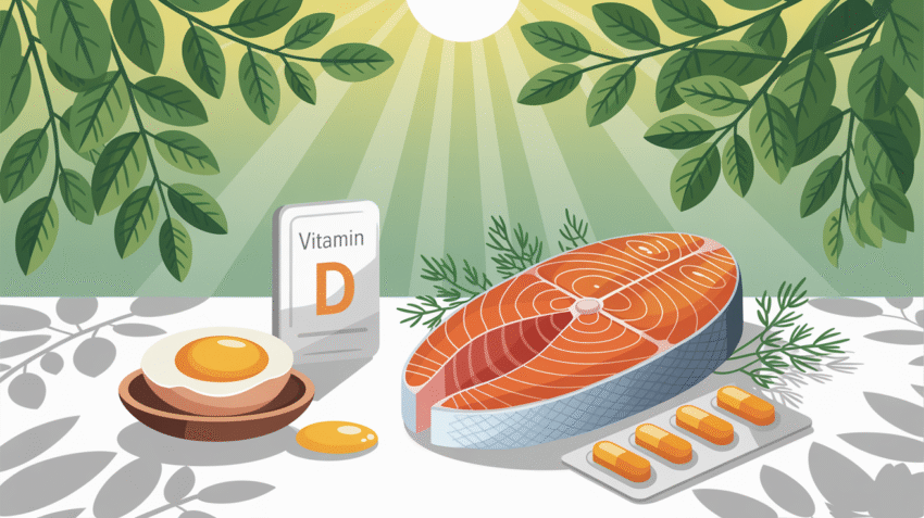 Ilustrasi manfaat vitamin D untuk kesehatan dengan gambar sinar matahari dan makanan sumber vitamin D