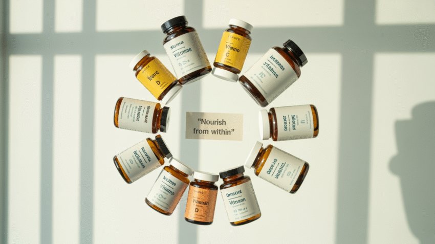 Berbagai jenis vitamin dan suplemen untuk kesehatan tubuh yang disusun rapi dengan latar belakang bersih