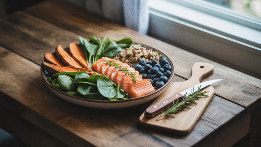 Ilustrasi makanan sehat bergizi seimbang dengan sayuran, buah, dan protein