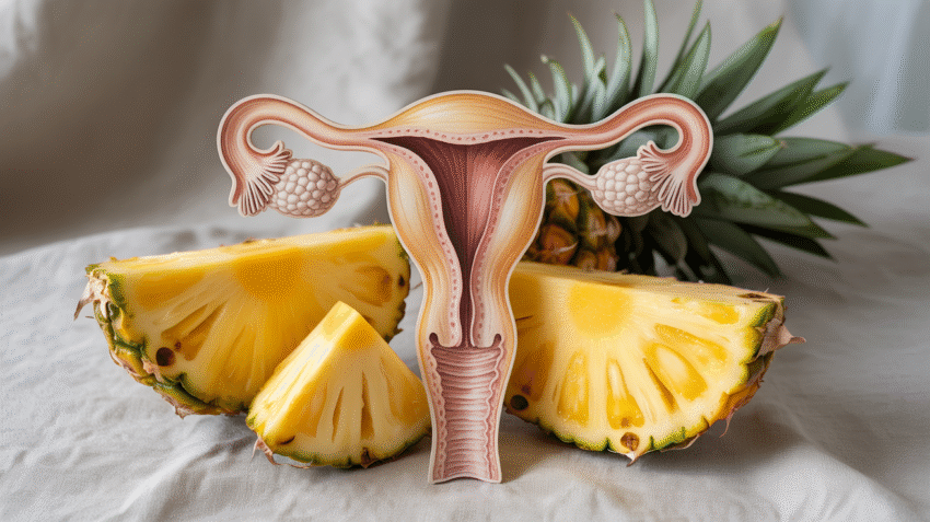 Buah nanas segar dan ilustrasi sistem reproduksi wanita
