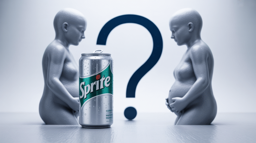 Ilustrasi wanita memegang kaleng Sprite dengan tanda tanya besar tentang kehamilan