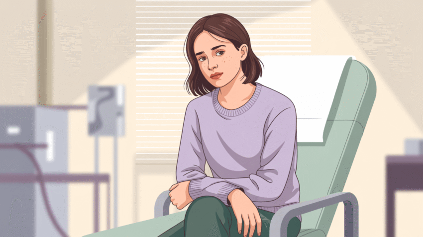 Ilustrasi wanita memeriksa kesehatan serviks dengan latar belakang medis