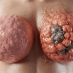 Ilustrasi perbandingan gambar payudara normal dan perubahan akibat kanker payudara