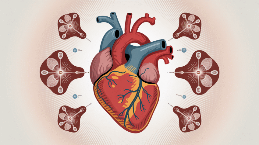 Ilustrasi gejala sakit jantung dengan gambar jantung manusia dan tanda peringatan
