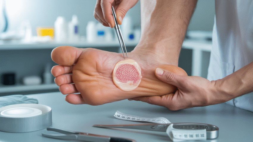 Ilustrasi luka diabetes parah pada kaki dengan penjelasan visual