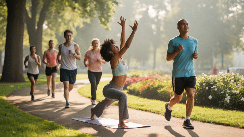 Orang sedang berolahraga di taman dengan latar pagi hari yang cerah