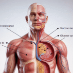 Ilustrasi patofisiologi diabetes melitus menunjukkan mekanisme insulin dan glukosa dalam tubuh