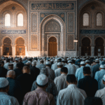 Jamaah muslim sedang melaksanakan shalat tarawih berjamaah di masjid dengan suasana khusyuk
