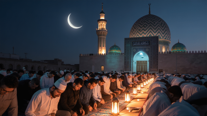 Shalat Taraweh dengan jamaah di masjid pada malam Ramadan