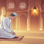 Ilustrasi muslim sedang berdoa dengan latar masjid yang indah