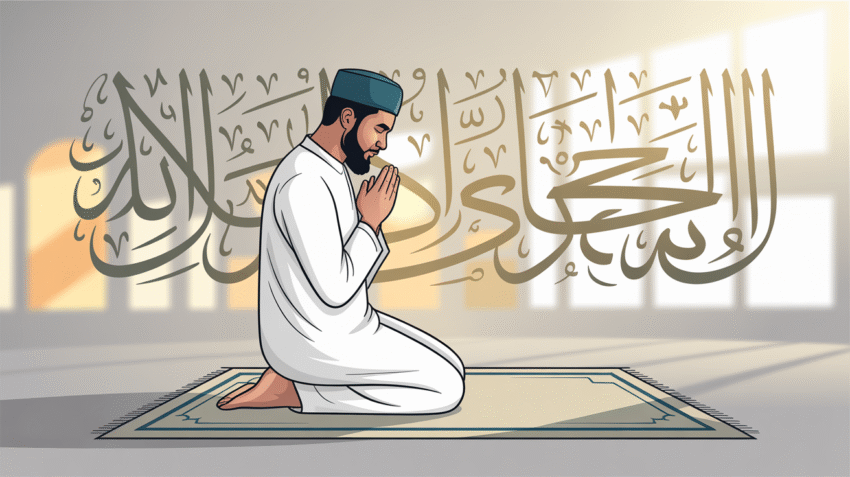 Ilustrasi muslim sedang berdoa dengan latar belakang kaligrafi Arab yang indah