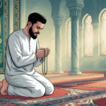 Ilustrasi muslim sedang berdoa dengan latar masjid yang indah