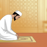 Ilustrasi muslim sedang berdoa dengan khusyuk di waktu pagi