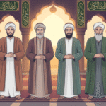 Ilustrasi empat Khulafaur Rasyidin dengan latar masjid kuno