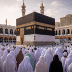 Ilustrasi Ka'bah dengan jamaah haji dan umroh berthawaf